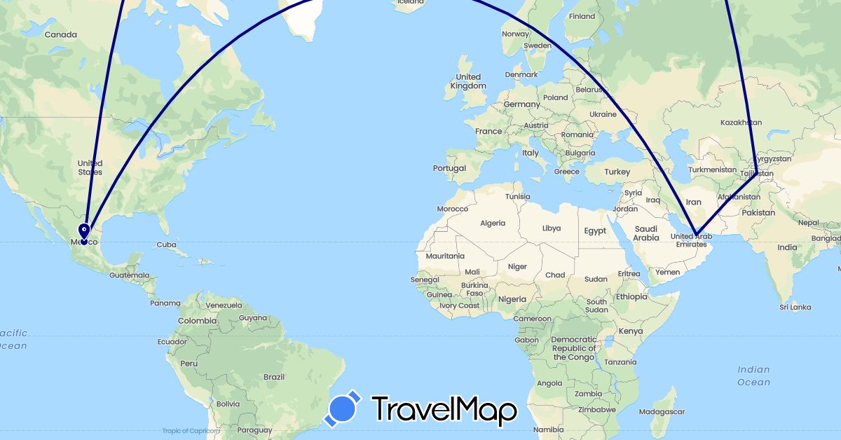 TravelMap itinerary: driving in United Arab Emirates, Mexico, Tajikistan (Asia, North America)
